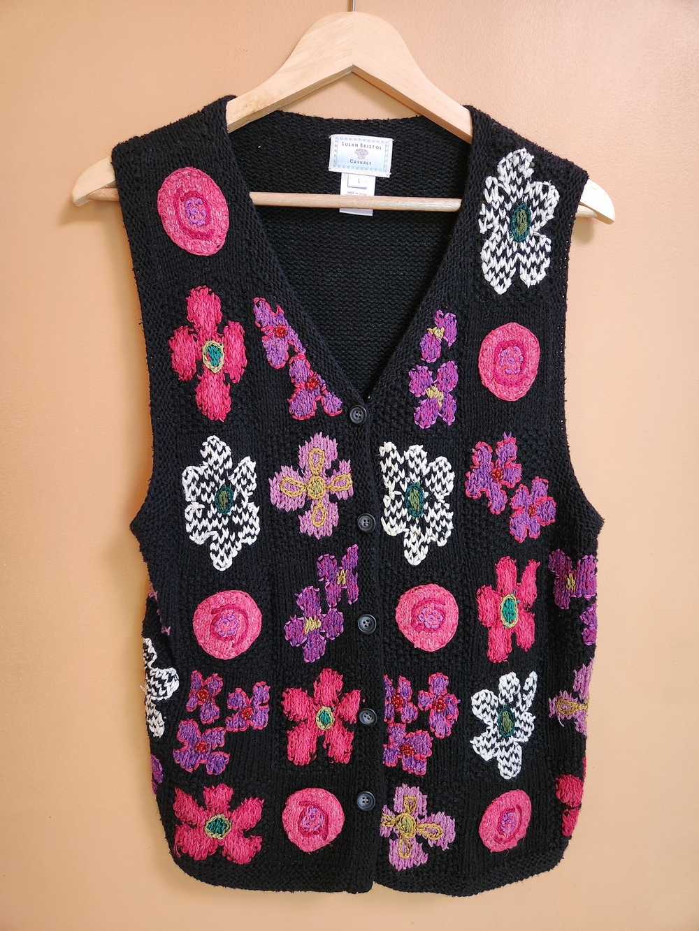 Susan Bristol Black Knit Floral Button-Up Vest with Pink & Purple Embroidery